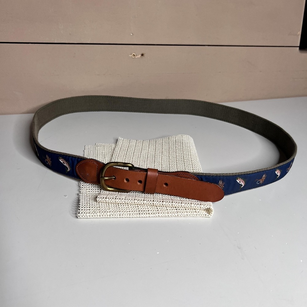 Leather Man Ltd Leather Belt Mens 34 Blue Fish Embroidered Webbed Brass Buckle